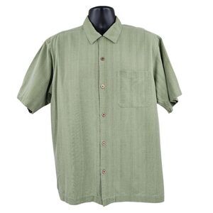 Islander Silk Patterned Green Short Sleeve Button Down Camp Collar Shirt